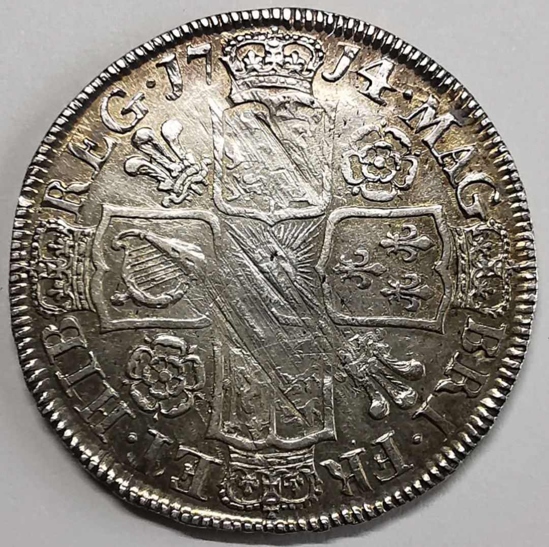 凡希社世界钱币微拍第一百期 荐！1714英国安妮半克朗极美品背减重痕