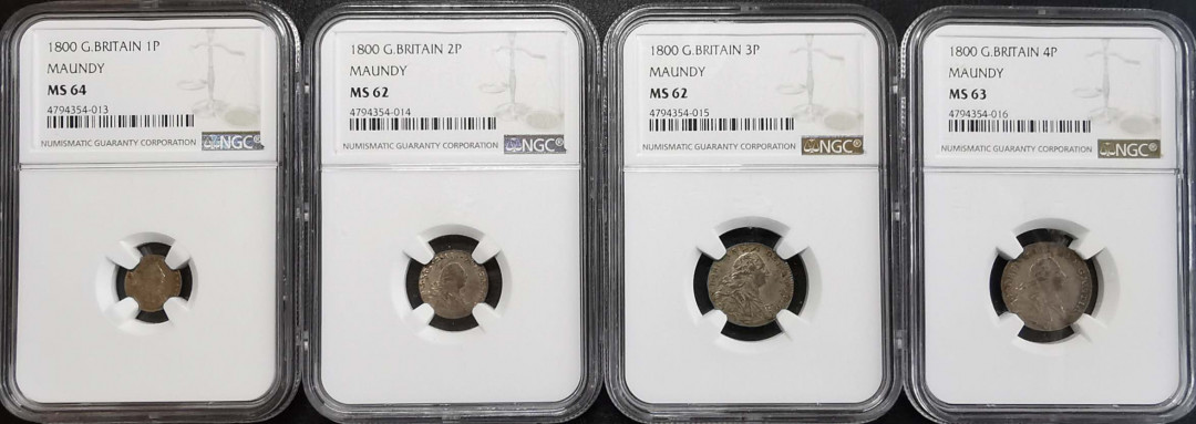 凡希社世界钱币微拍第一百期 1800乔三濯足币四枚套NGC-MS64/62/62/63包浆一致