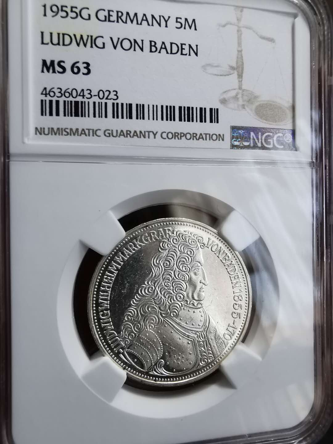 凡希社世界钱币微拍第一百期 1955德国巴登5马克NGC-MS63