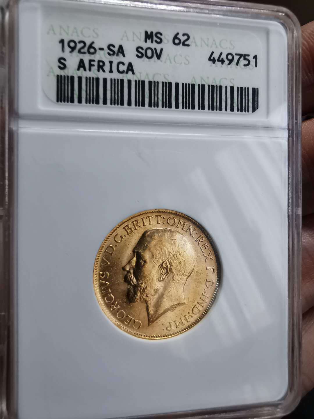 凡希社世界钱币微拍第一百期 1926SA南非索维林金币ANACS-MS62