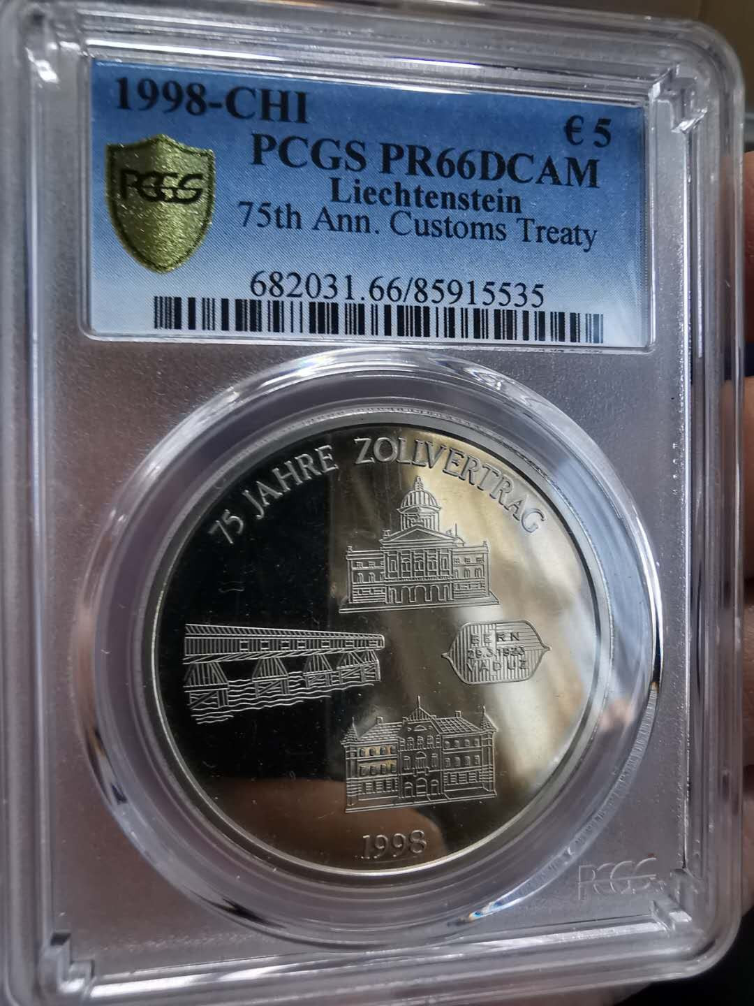 凡希社世界钱币微拍第一百期 1998列支敦士登关税同盟5欧罗PCGS-PF66DCAM