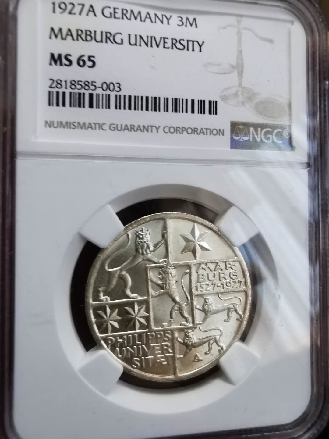 凡希社世界钱币微拍第一百期 1927魏玛马尔堡大学3马克NGC-MS65