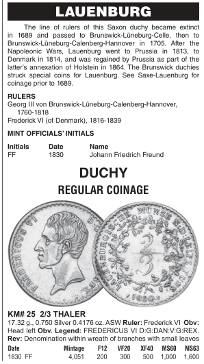 凡希社世界钱币微拍第一百期 1830劳恩堡2/3泰勒PCGS-XF45书价高