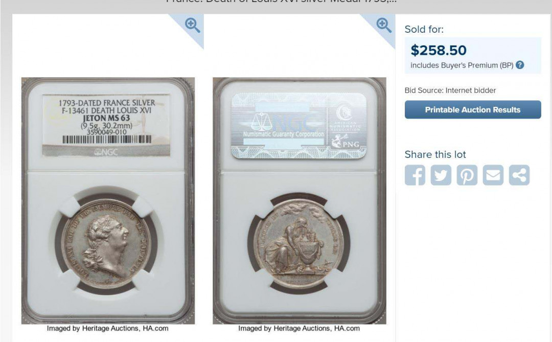 凡希社世界钱币微拍第一百期 1793法国路易十六之死纪念银章原铸！