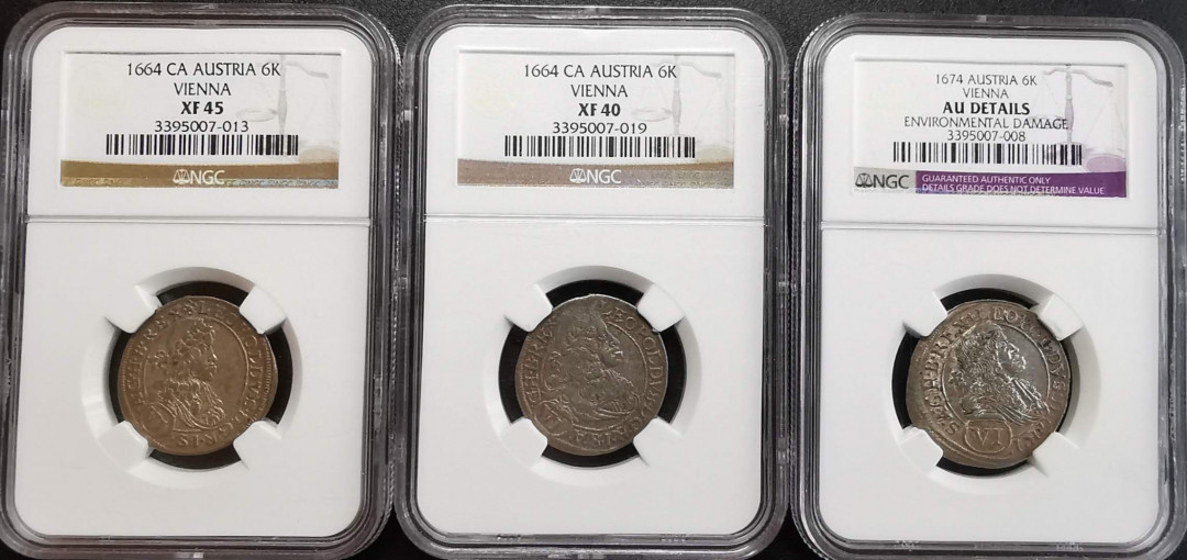 凡希社世界钱币微拍第一百期 1665/74奥地利维也纳厂6K银三枚NGC