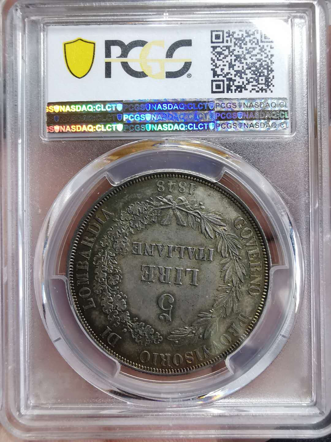 凡希社世界钱币微拍第一百期 荐！1848伦巴地5里拉大银PCGS-MS63原味包浆！
