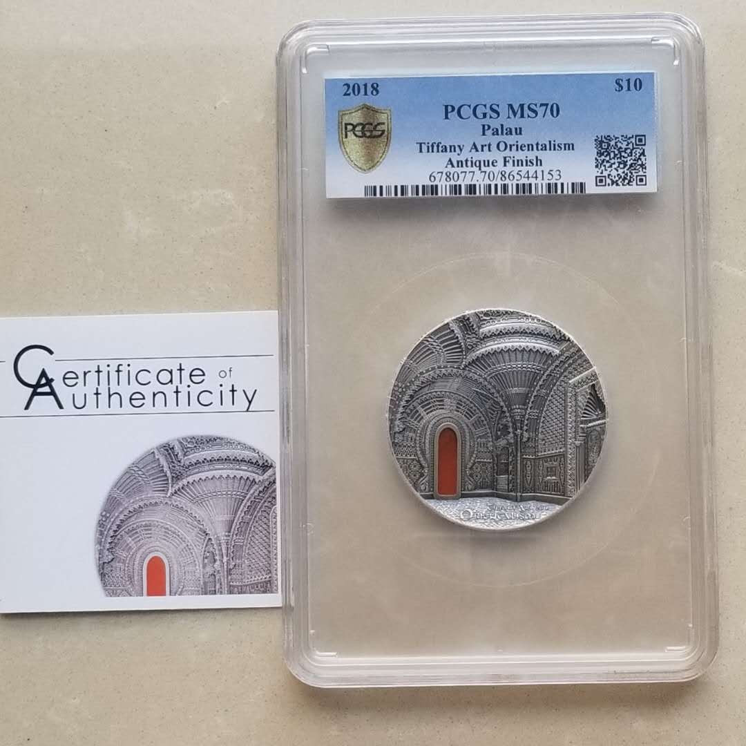 【随心拍&GetCoins】现代金银币拍卖第三十八期 PCGS70-帕劳2018年蒂凡尼艺术2盎司仿古镶嵌银币 发行999枚，满分评级币，带证书。