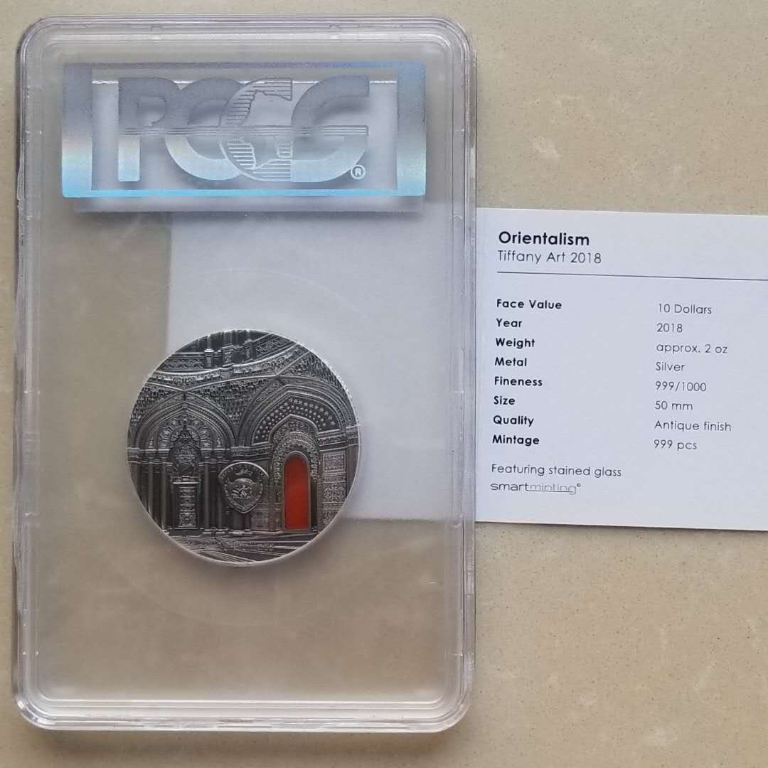 【随心拍&GetCoins】现代金银币拍卖第三十八期 PCGS70-帕劳2018年蒂凡尼艺术2盎司仿古镶嵌银币 发行999枚，满分评级币，带证书。