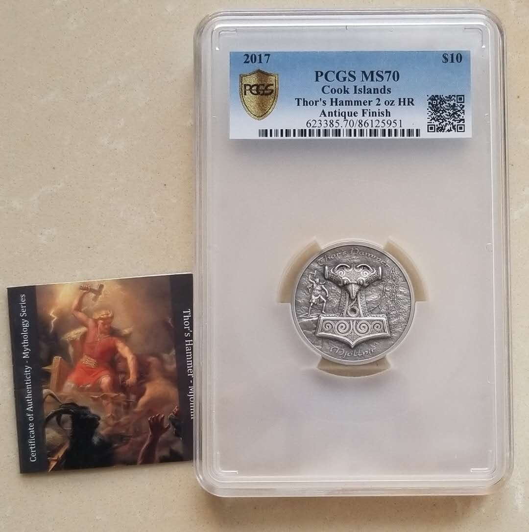 【随心拍&GetCoins】现代金银币拍卖第三十八期 PCGS70-库克2017年雷神之锤2盎司加厚高浮雕仿古银币 发行999枚，带证书。
