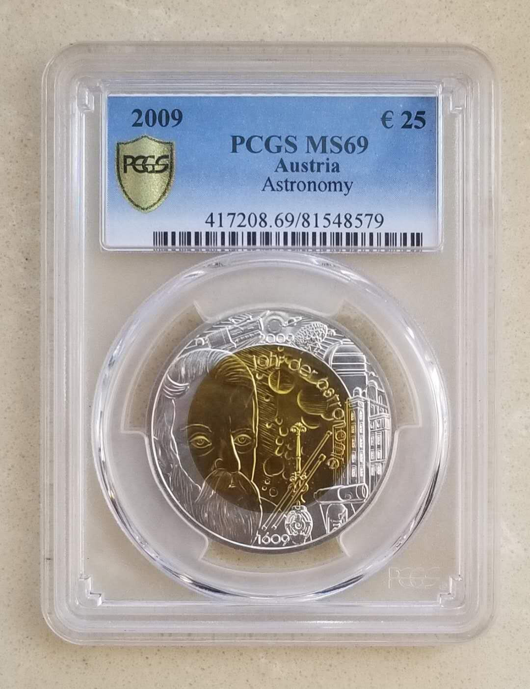 【随心拍&GetCoins】现代金银币拍卖第三十八期 PCGS69-奥地利2009年天文年伽利略25欧元银铌双金属币