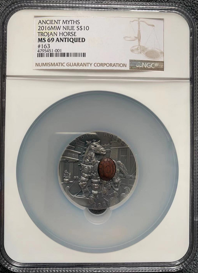 【随心拍&GetCoins】现代金银币拍卖第三十八期 NGC 69（最高分）纽埃2016年古代神话系列第一枚——特洛伊木马高浮雕仿古币