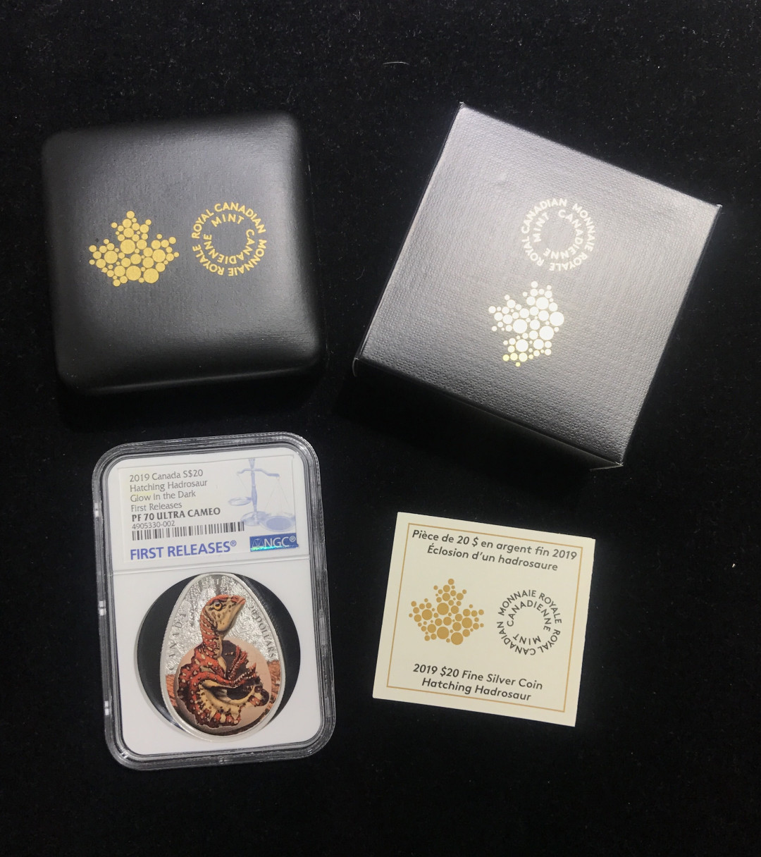 【随心拍&GetCoins】现代金银币拍卖第三十八期 加拿大2019年恐龙蛋系列孵化的鸭嘴龙夜光银币NGC70首期蓝标