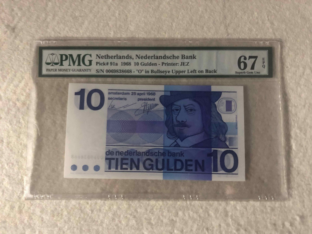 【收藏联盟】第108期拍卖——百年孤独  荷兰1968年10盾纸币PMG67EPQ 牛眼版 P-91a 无47