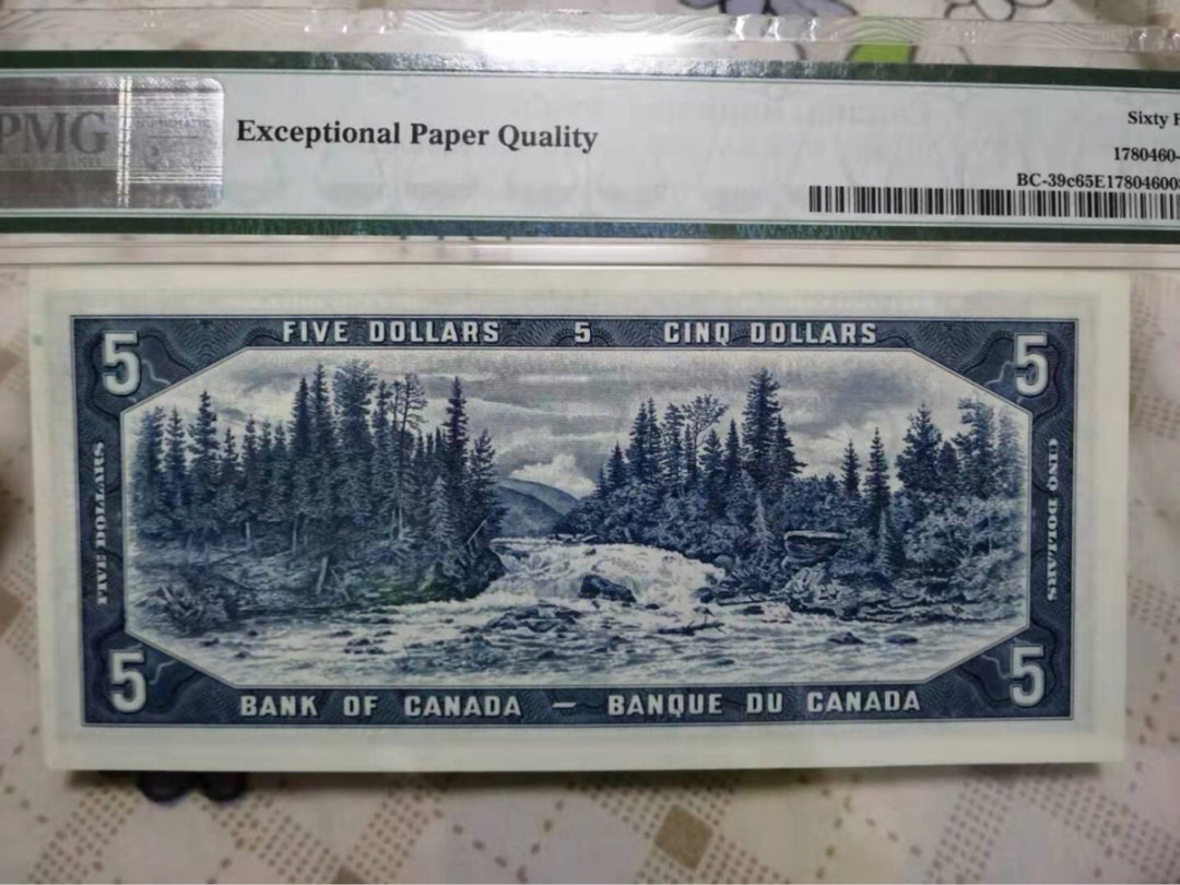 【收藏联盟】第108期拍卖——百年孤独  加拿大 1954年5元 女王 pmg65EPQ 非常漂亮的水獭瀑布