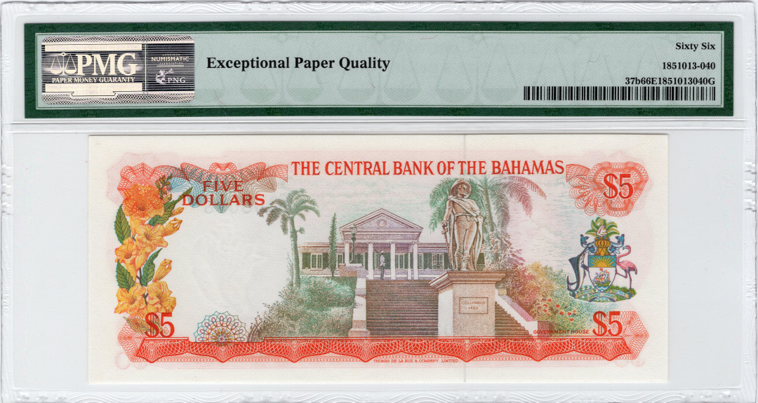 【收藏联盟】第108期拍卖——百年孤独  巴哈马 1974年 5元 p37b PMG66EPQ 热门彩背 值得珍藏 年轻女王 无47