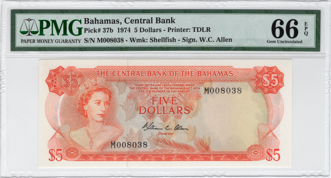 【收藏联盟】第108期拍卖——百年孤独  巴哈马 1974年 5元 p37b PMG66EPQ 热门彩背 值得珍藏 年轻女王 无47