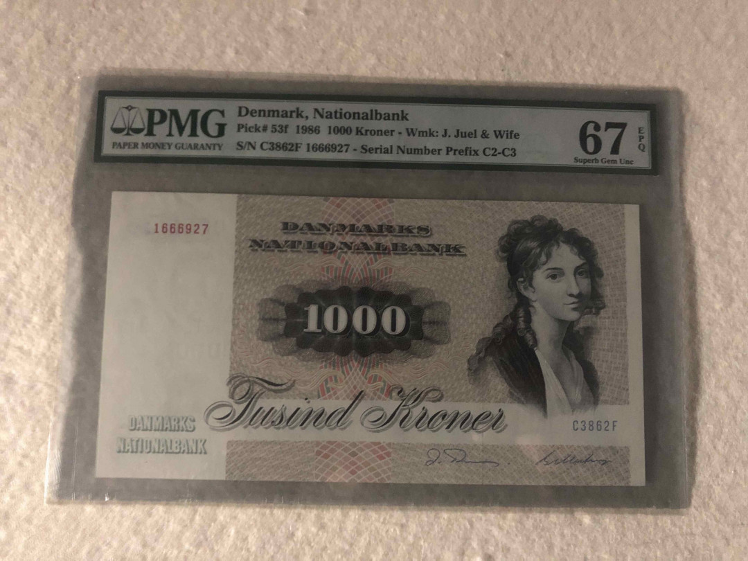 【收藏联盟】第108期拍卖——百年孤独  丹麦 1986年 1000克朗 pmg67EPQ  高分