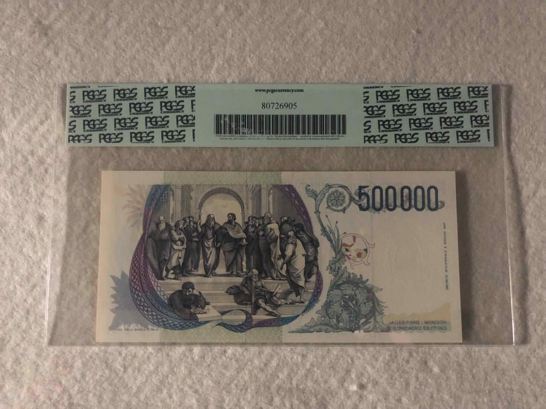 【收藏联盟】第108期拍卖——百年孤独  【AA冠】意大利 1997年 50万里拉p118 Pcgs67EPQ高分 经典拉斐尔