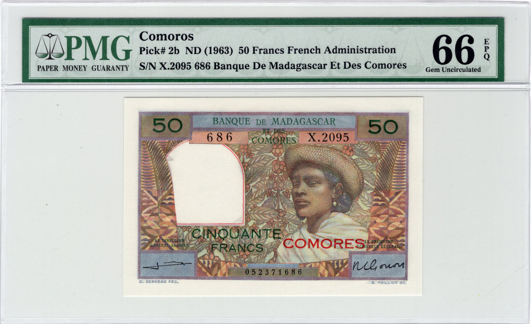 【收藏联盟】第108期拍卖——百年孤独  科摩罗 1963年 50法郎 p2b PMG66EPQ 