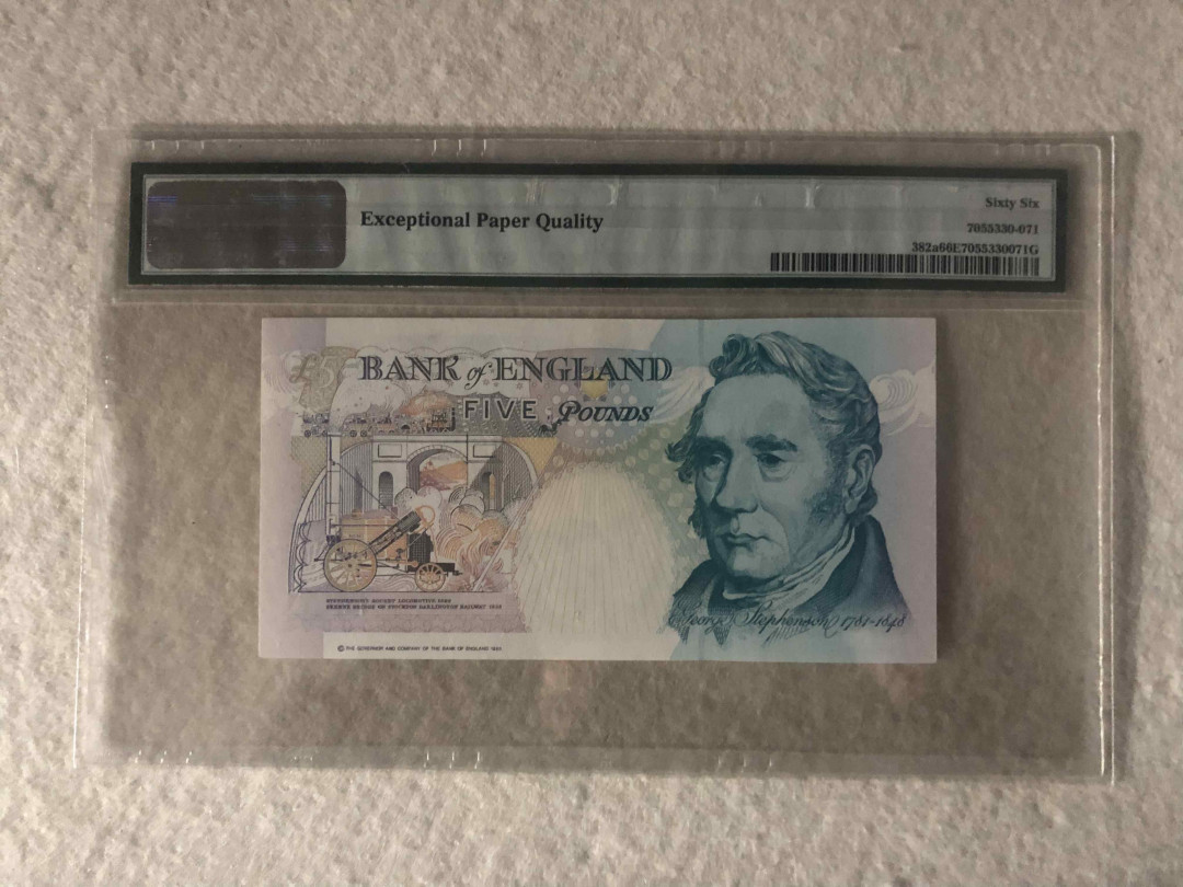 【收藏联盟】第108期拍卖——百年孤独  英国 1990年 5镑 PMG66EPQ  p382a 皇冠版 A01首发冠