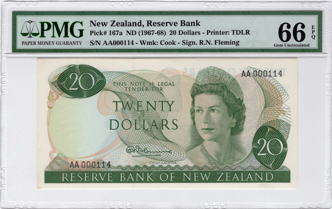 【收藏联盟】第108期拍卖——百年孤独  新西兰 1967-68年 20元 PMG66EPQ  AA冠114小号  p167a 高冠女王
