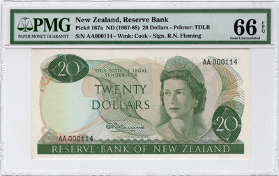 【收藏联盟】第108期拍卖——百年孤独  - 新西兰 1967-68年 20元 PMG66EPQ  AA冠114小号  p167a 高冠女王