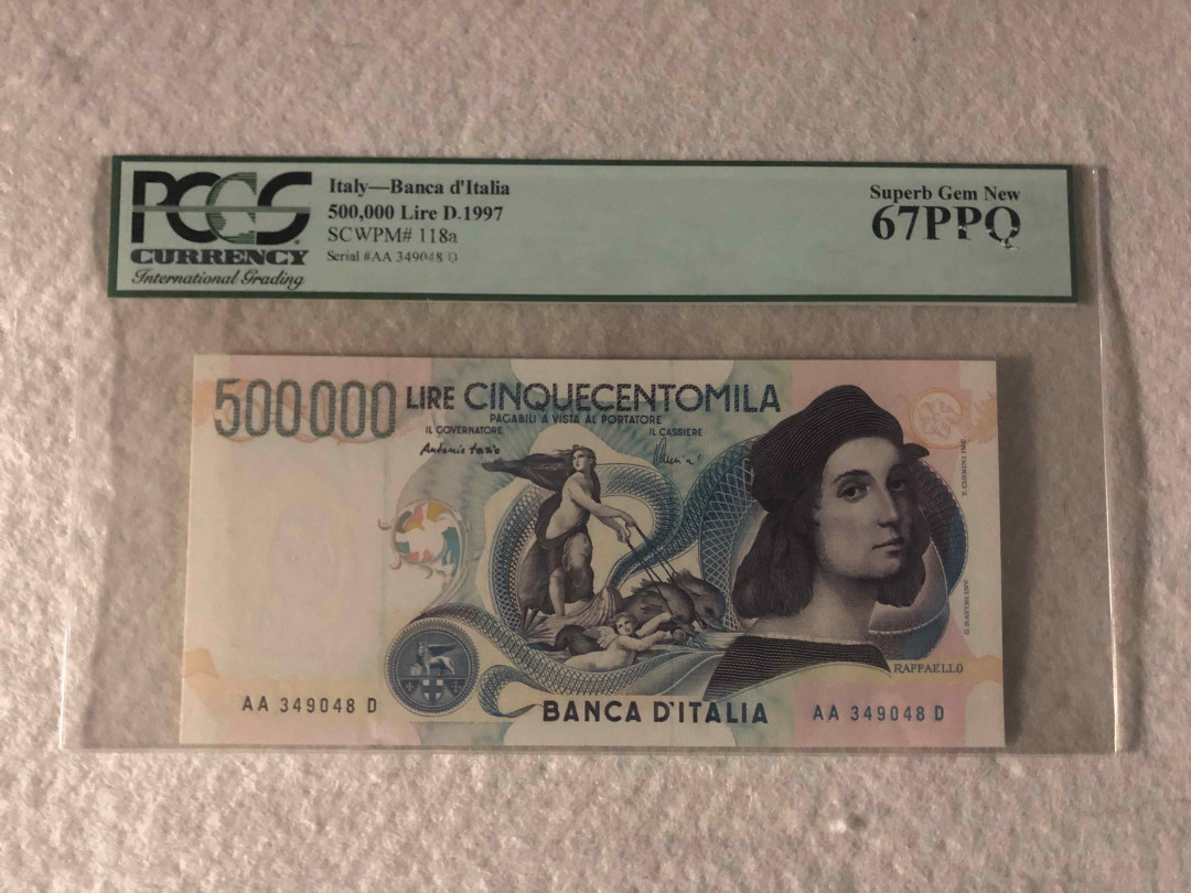 【收藏联盟】第108期拍卖——百年孤独  【AA冠】意大利 1997年 50万里拉p118 Pcgs67EPQ高分 经典拉斐尔