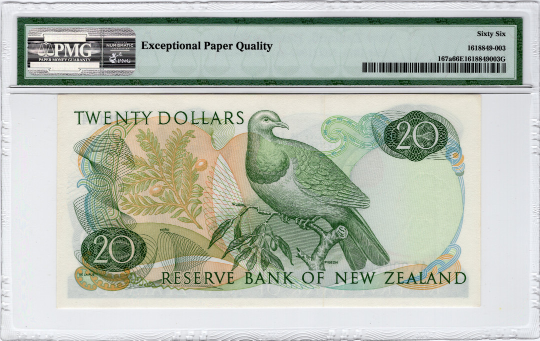 【收藏联盟】第108期拍卖——百年孤独  新西兰 1967-68年 20元 PMG66EPQ  AA冠114小号  p167a 高冠女王