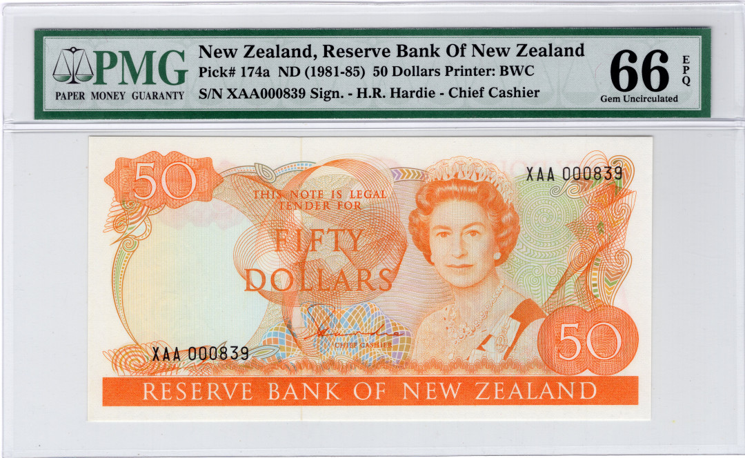 【收藏联盟】第108期拍卖——百年孤独  新西兰 1981-85年 50元 PMG66EPQ  p174a XAA首发冠839小号 BWC 花冠女王
