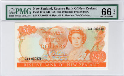 【收藏联盟】第108期拍卖——百年孤独  - 新西兰 1981-85年 50元 PMG66EPQ  p174a XAA首发冠839小号 BWC 花冠女王