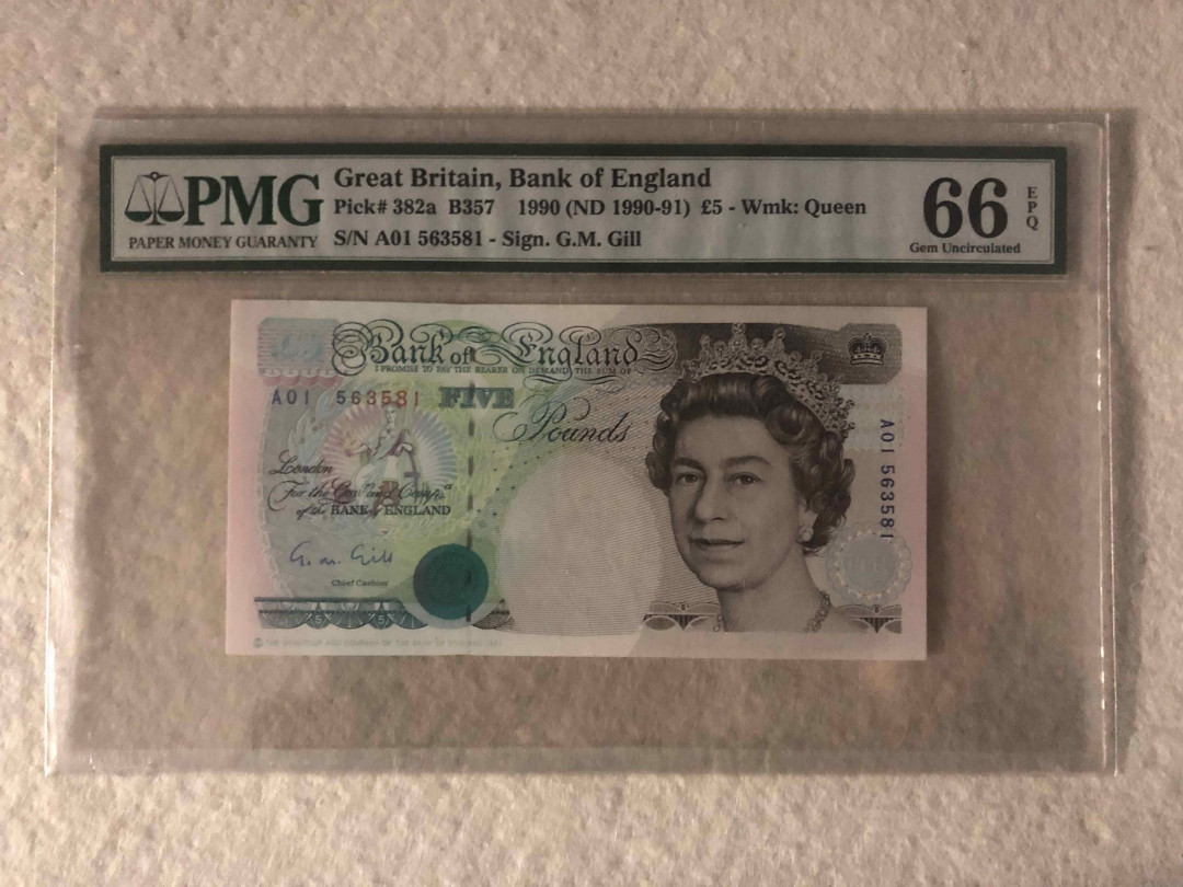【收藏联盟】第108期拍卖——百年孤独  英国 1990年 5镑 PMG66EPQ  p382a 皇冠版 A01首发冠