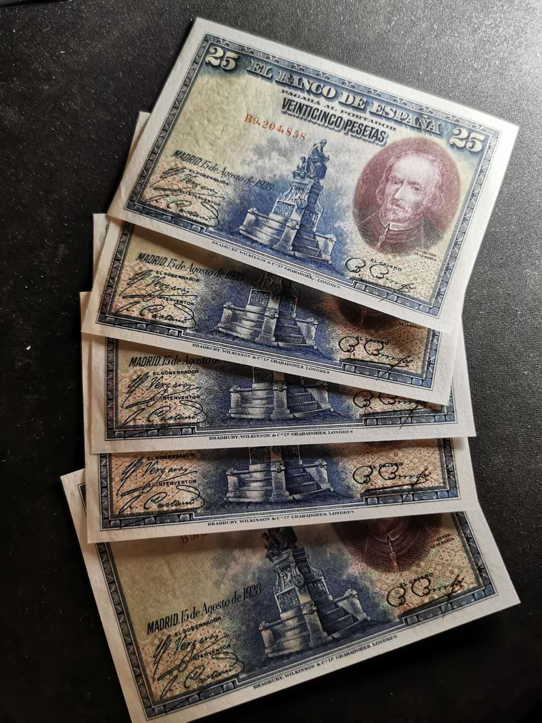 【鲸贝乐淘】千字文·第“始制文字”号拍卖 【西班牙】25元，五张，全新全品UNC，品相超级好