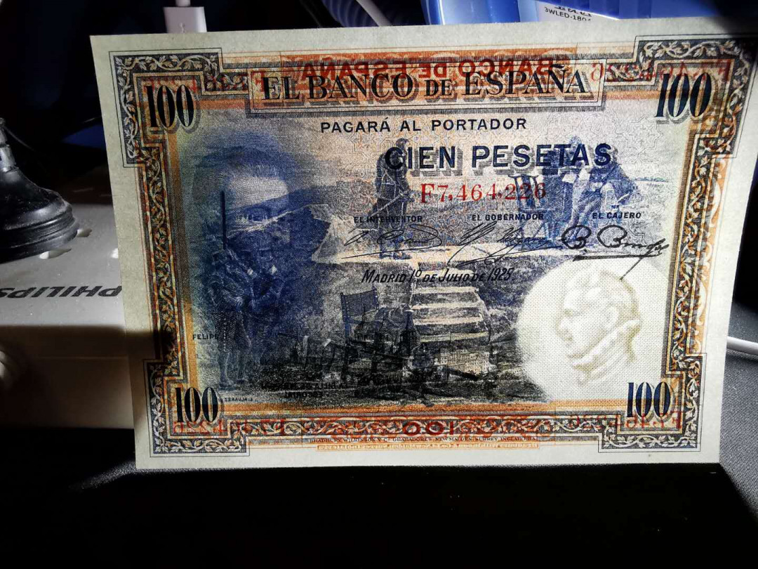 【鲸贝乐淘】千字文·第“始制文字”号拍卖 【西班牙】1925年100元，全新全品UNC