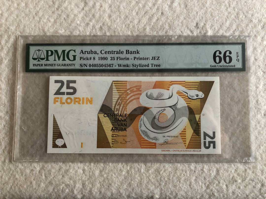 北京国际钱币博览会专场【收藏联盟】第109期拍卖——欧美环游记 阿鲁巴 1990年 25弗罗林 p8 PMG66EPQ JEZ印制  蛇