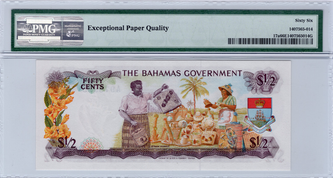 北京国际钱币博览会专场【收藏联盟】第109期拍卖——欧美环游记 巴哈马 1965年 A冠 初版 1/2元 PMG66EPQ p17a 经典彩背 女王纸币