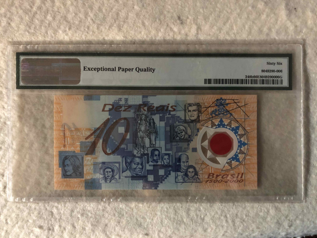 北京国际钱币博览会专场【收藏联盟】第109期拍卖——欧美环游记 巴西 2000年 10雷亚尔 发现巴西500周年塑料纪念钞 PMG66EPQ