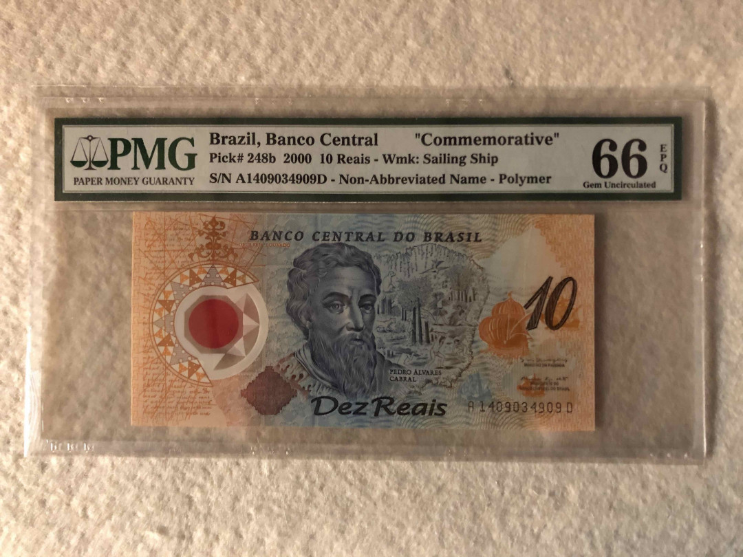 北京国际钱币博览会专场【收藏联盟】第109期拍卖——欧美环游记 巴西 2000年 10雷亚尔 发现巴西500周年塑料纪念钞 PMG66EPQ