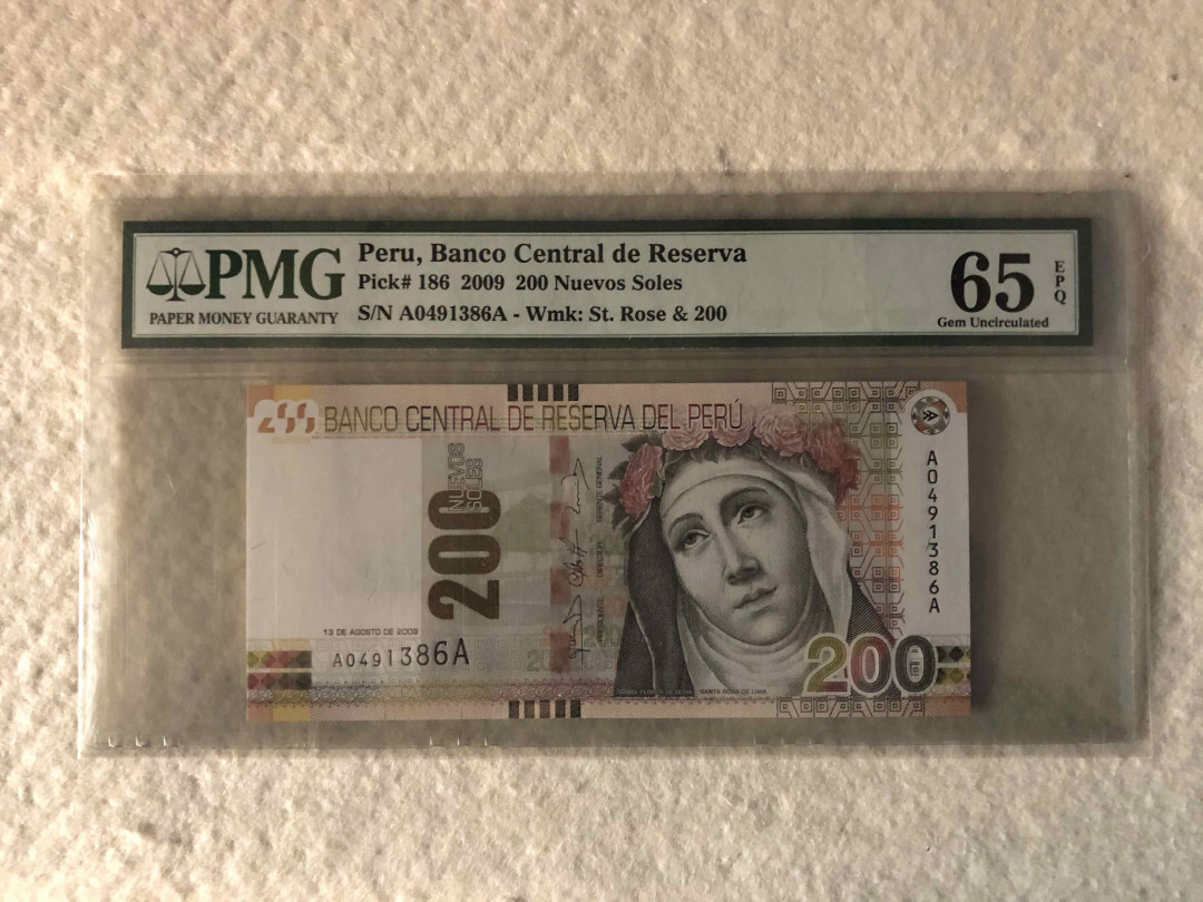 北京国际钱币博览会专场【收藏联盟】第109期拍卖——欧美环游记 秘鲁 2009年 200新索尔 PMG65EPQ  AA冠 年度最佳纸币