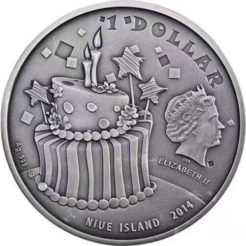 【币观天下】第九十一期钱币拍卖-北京国际钱币展专场 【纽埃】纽埃2014年1元，1盎司 龙头币 加大 生日快乐系列-“大蛋糕” 仿古抗氧 精浮雕 数字亮光高清彩色艺术精制大银币