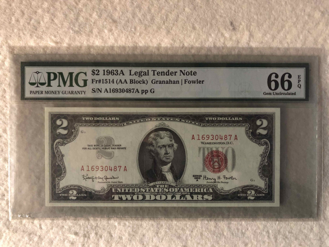 北京国际钱币博览会专场【收藏联盟】第109期拍卖——欧美环游记 美国 1963年 2美金 AA冠 PMG66EPQ 杰弗逊