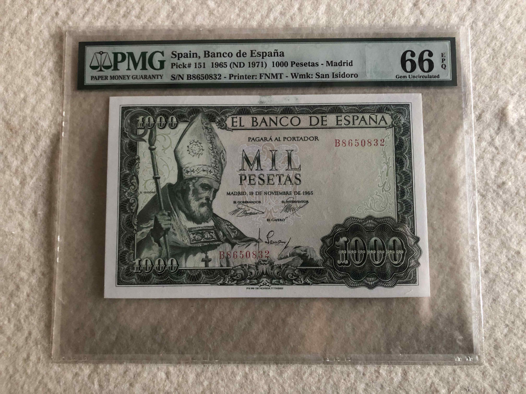 北京国际钱币博览会专场【收藏联盟】第109期拍卖——欧美环游记 西班牙 1965年 P151 1000比塞塔 PMG66EPQ  双雕大方块