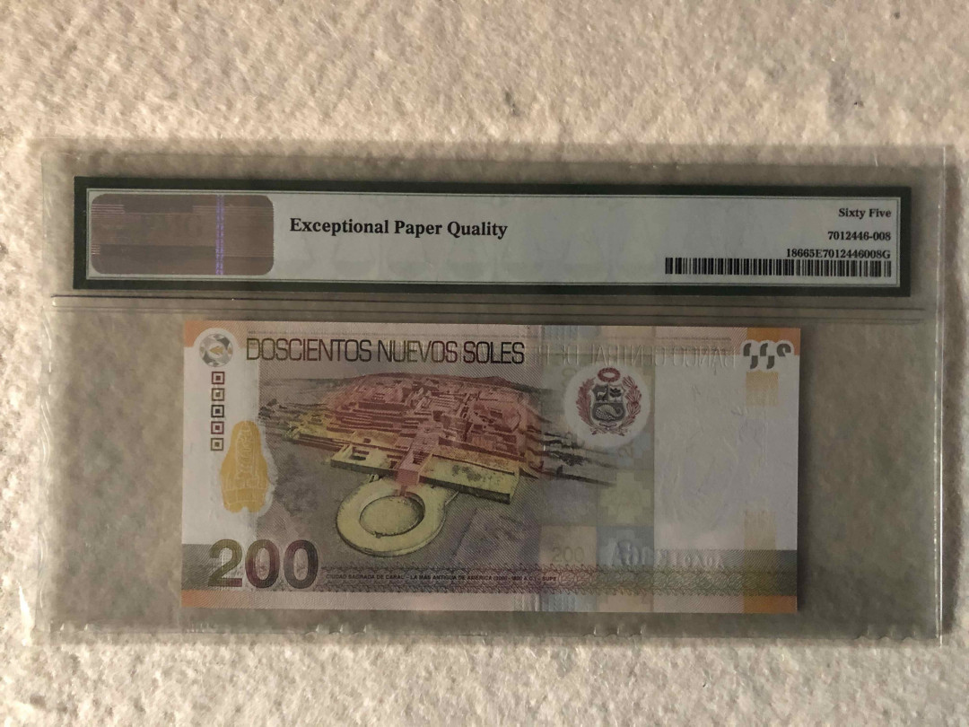 北京国际钱币博览会专场【收藏联盟】第109期拍卖——欧美环游记 秘鲁 2009年 200新索尔 PMG65EPQ  AA冠 年度最佳纸币