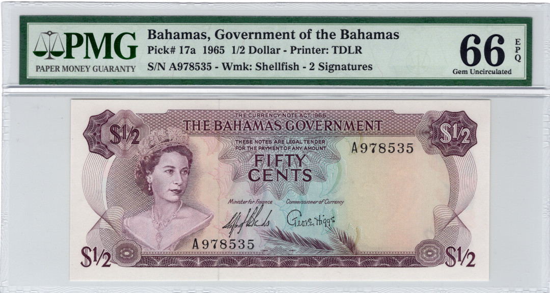 北京国际钱币博览会专场【收藏联盟】第109期拍卖——欧美环游记 巴哈马 1965年 A冠 初版 1/2元 PMG66EPQ p17a 经典彩背 女王纸币