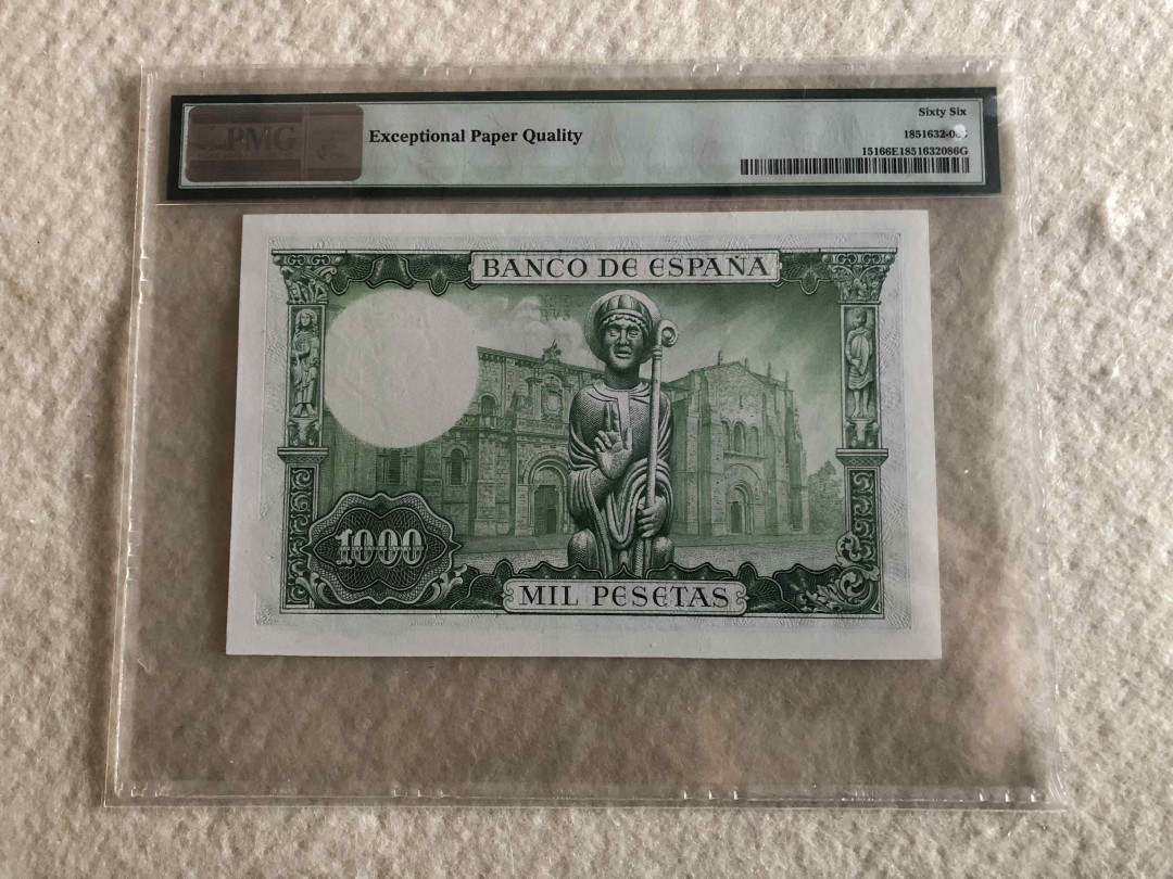 北京国际钱币博览会专场【收藏联盟】第109期拍卖——欧美环游记 西班牙 1965年 P151 1000比塞塔 PMG66EPQ  双雕大方块