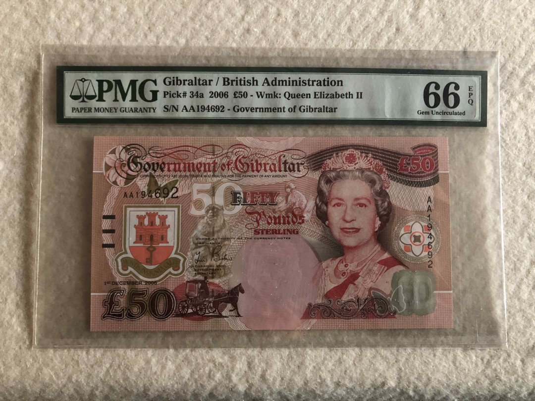 北京国际钱币博览会专场【收藏联盟】第109期拍卖——欧美环游记 直布罗陀 1995年 50镑 AA冠 女王纸币 PMG66EPQ 