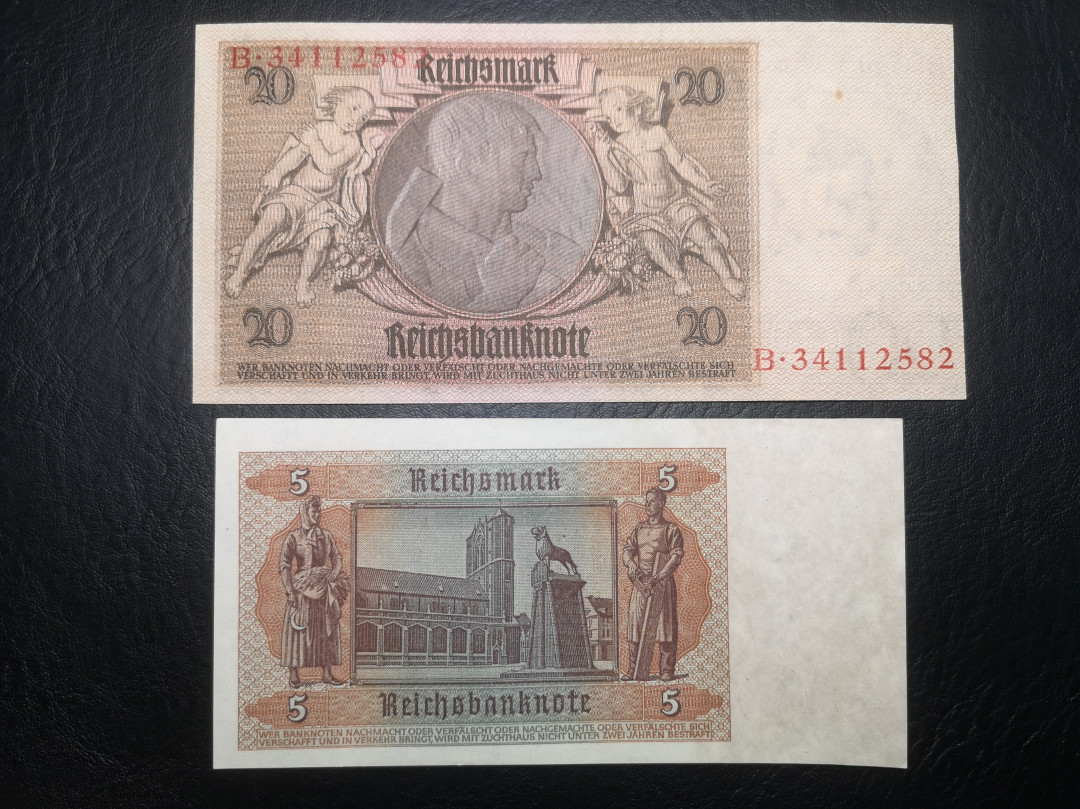 《外钞收藏家》第七十二期拍卖 西德1935年100、50、20马克  100品相不错 20有一个黄点 5有受潮