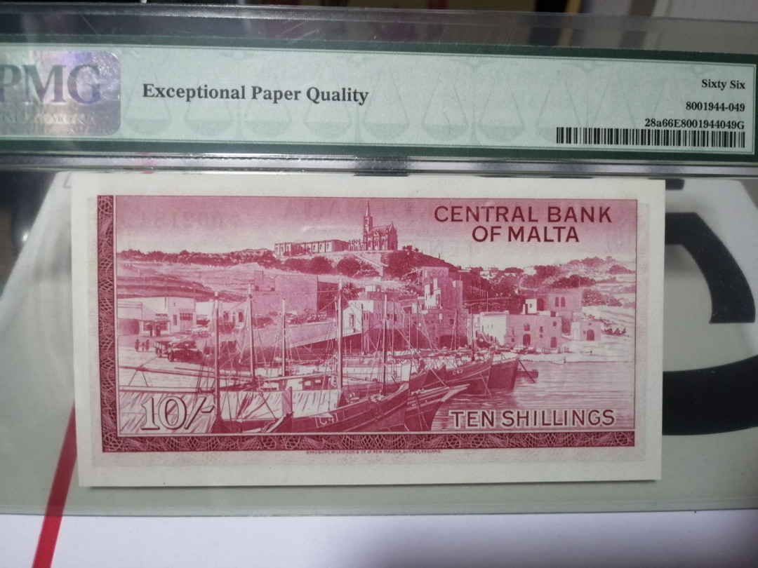 【收藏联盟】第110期拍卖——悠远岛歌 【A1千位小号】马耳他 1967年 10先令P28a pmg66 EPQ BWC经典戎装女王