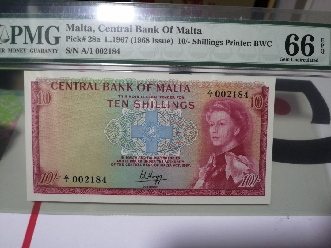 【收藏联盟】第110期拍卖——悠远岛歌 【A1千位小号】马耳他 1967年 10先令P28a pmg66 EPQ BWC经典戎装女王