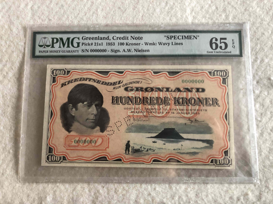 【收藏联盟】第110期拍卖——悠远岛歌 【冠军分】格陵兰 1953年 100克朗 样钞 PMG65EPQ 稀少