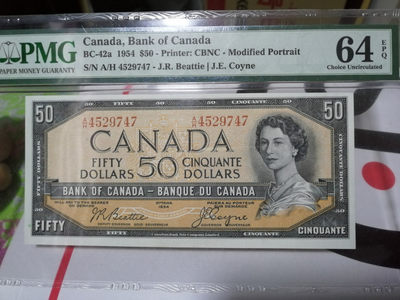 【收藏联盟】第110期拍卖——悠远岛歌 - 加拿大 1954年 50元 PMG64EPQ 原票 较稀少 